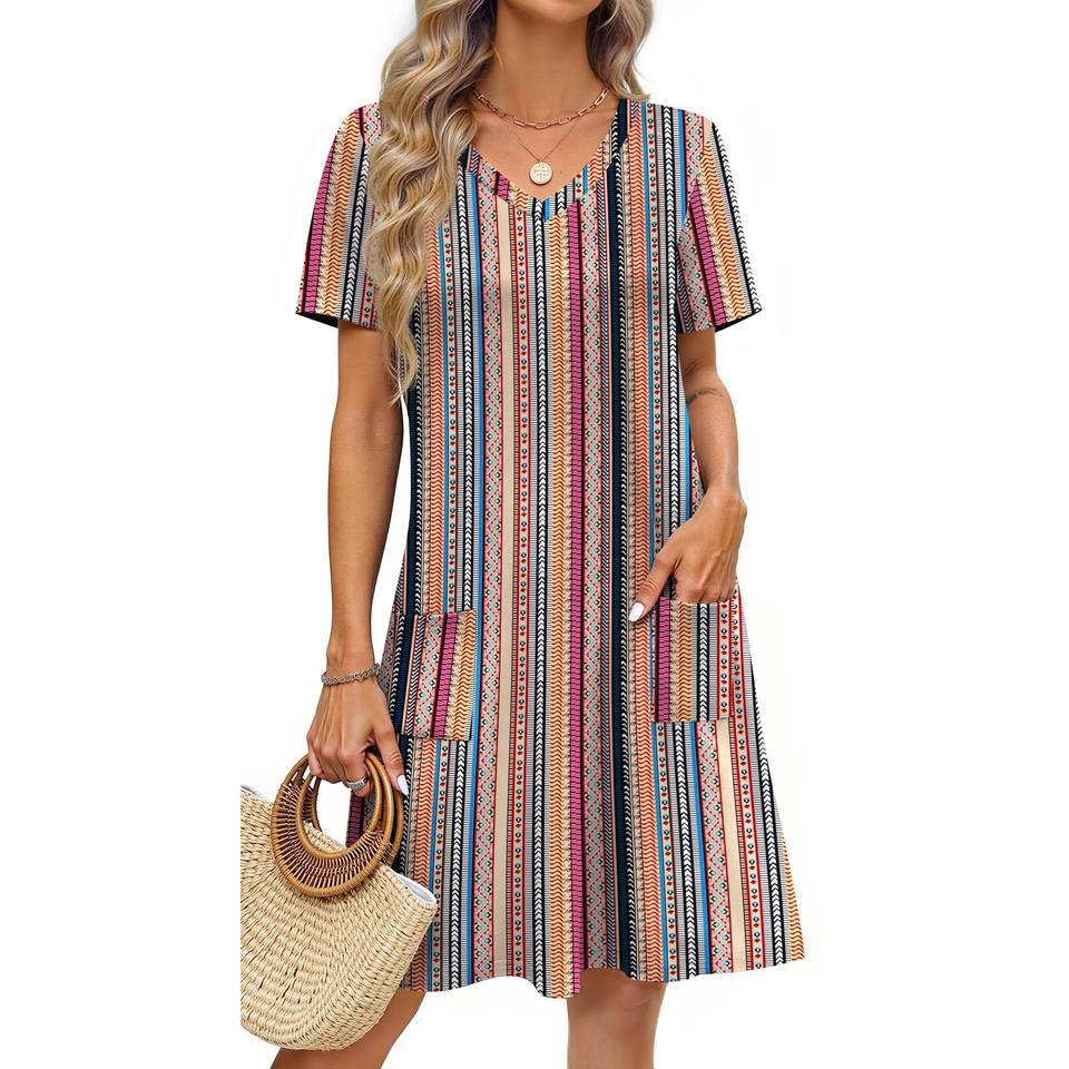 Fantaslook Summer Dresses for Women V Neck Short Sleeve Casual T Shirt Dress Beach Sundresses with Pockets
