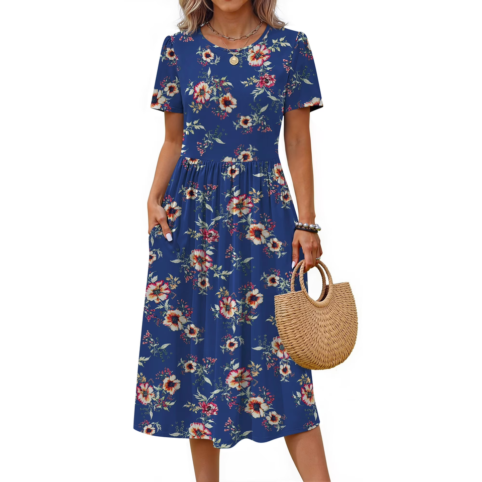Fantaslook Summer Short Sleeve Midi Dresses for Women Casual Floral T Shirt Dresses Flowy Beach Sundress with Pockets