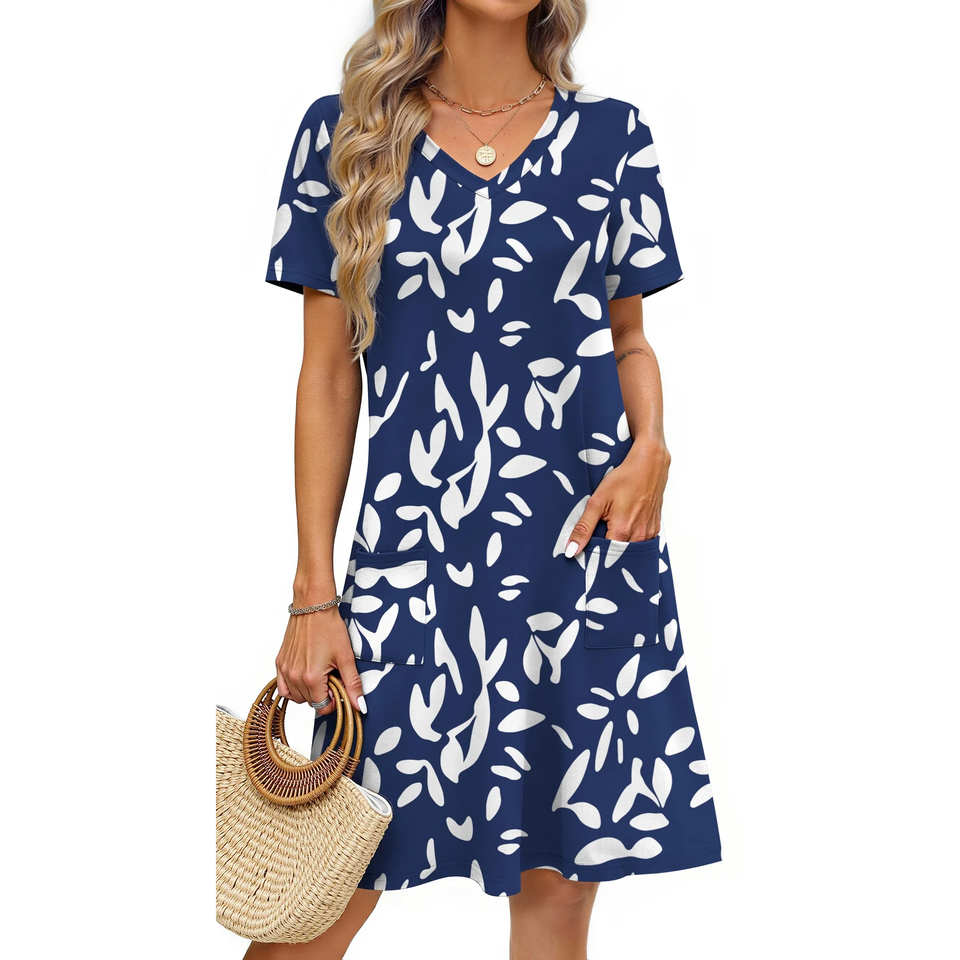 Fantaslook Summer Dresses for Women V Neck Short Sleeve Casual T Shirt Dress Beach Sundresses with Pockets