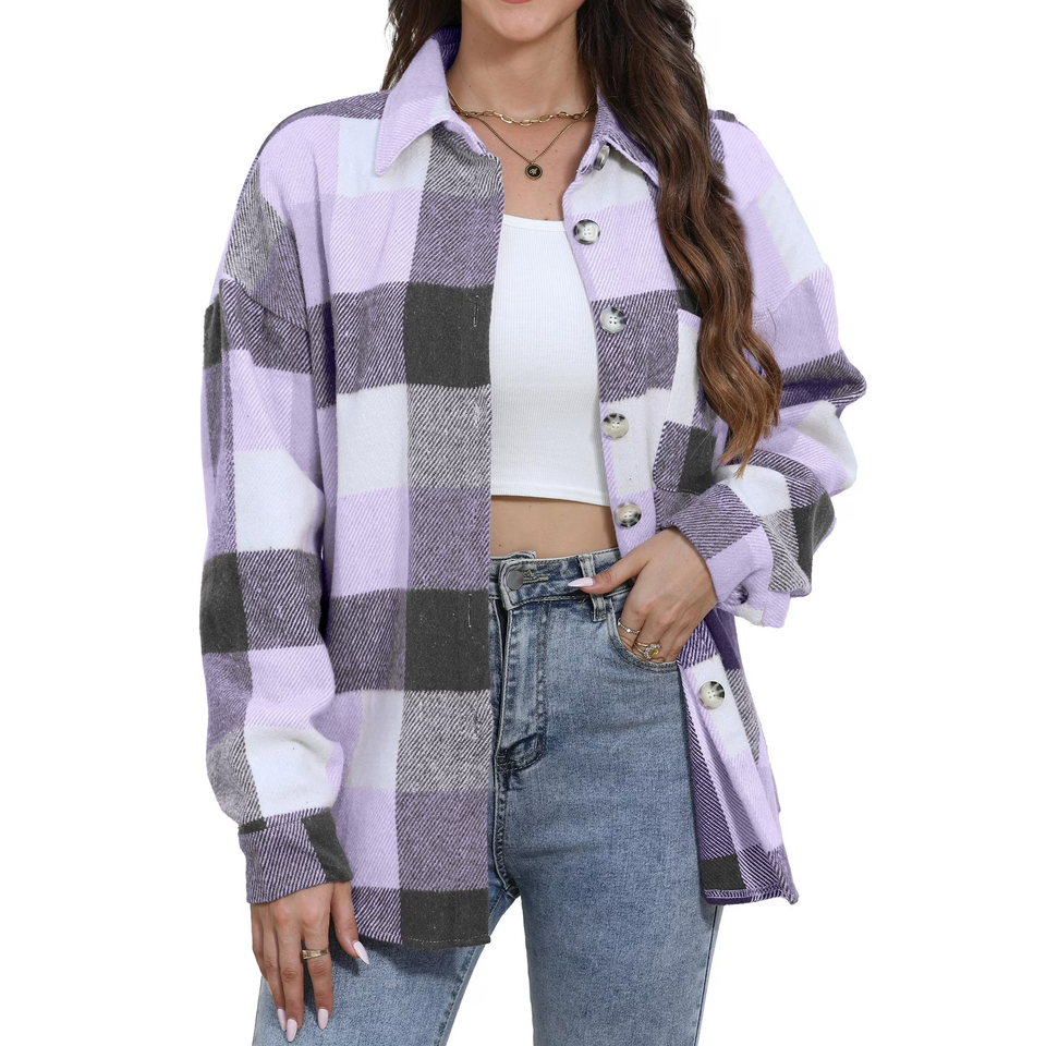 Fantaslook Womens Plaid Shirts Flannel Shacket Jacket Long Sleeve Button Down Boyfriend Shirt Coats