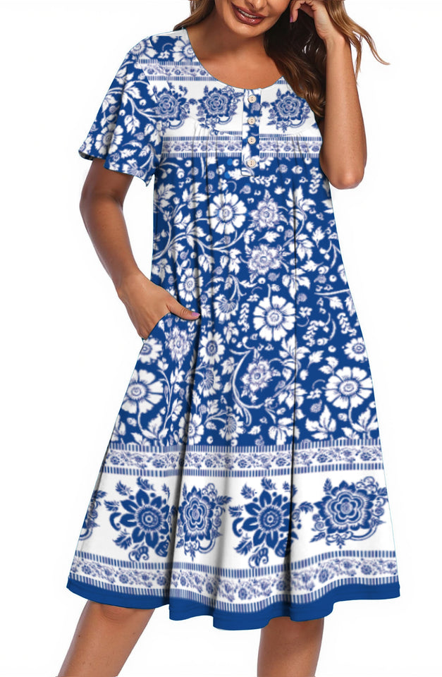 Fantaslook Flowy Womens Dresses Ruffle Sleeve Henley Summer Dress Loose Floral Midi Dresses with Pockets