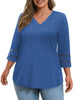 WellSize 3/4 Sleeve Womens Plus Size Tops V Neck Trendy Tunic Blouses Curved Hem Casual Shirts