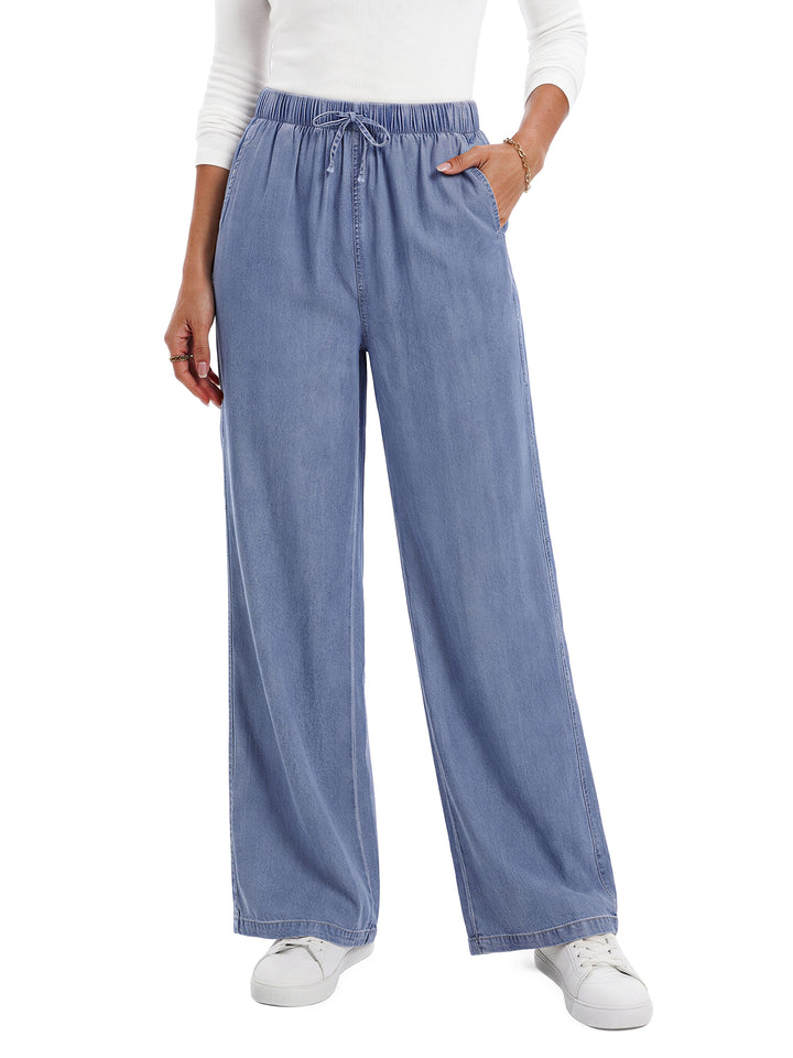 Fantaslook Wide Leg Jeans for Women Elastic High Waisted Drawstring Pants Pull On Baggy Soft Denim Pants with Pockets