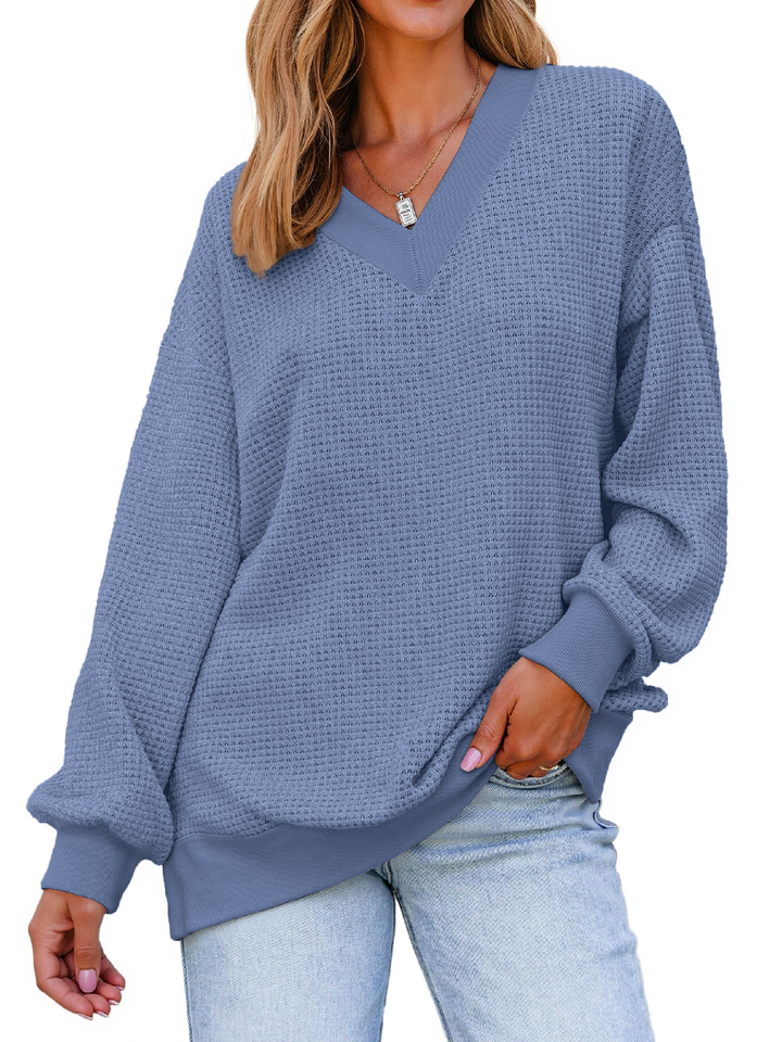 Fantaslook Waffle Knit Womens Sweatshirts Long Sleeve V Neck Shirt Loose Fall Outfits Pullover Casual Tops