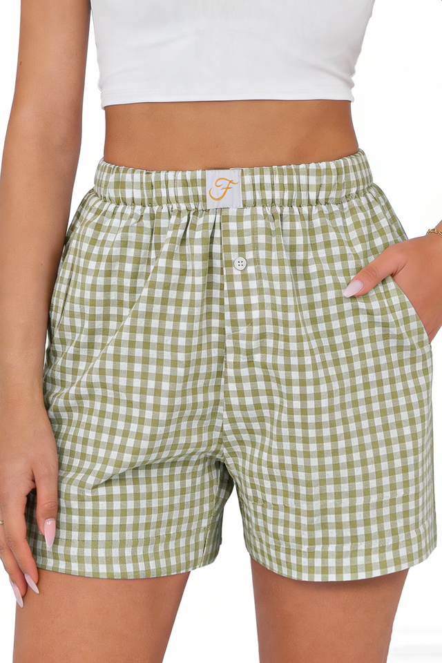 Fantaslook Plaid Shorts for Women Button Gingham Shorts Summer Lounge Boxers Beach Shorts Pants with Pocket