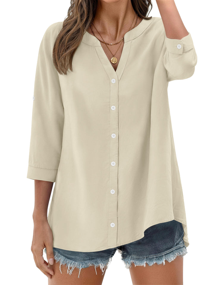 Fantaslook Womens 3/4 Sleeve Button Down Shirts V Neck Roll Up Sleeve Tops Cotton Linen Casual Summer Blouses Shirts