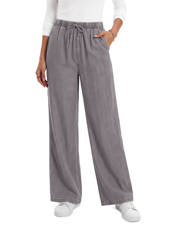 Fantaslook Wide Leg Jeans for Women Elastic High Waisted Drawstring Pants Pull On Baggy Soft Denim Pants with Pockets