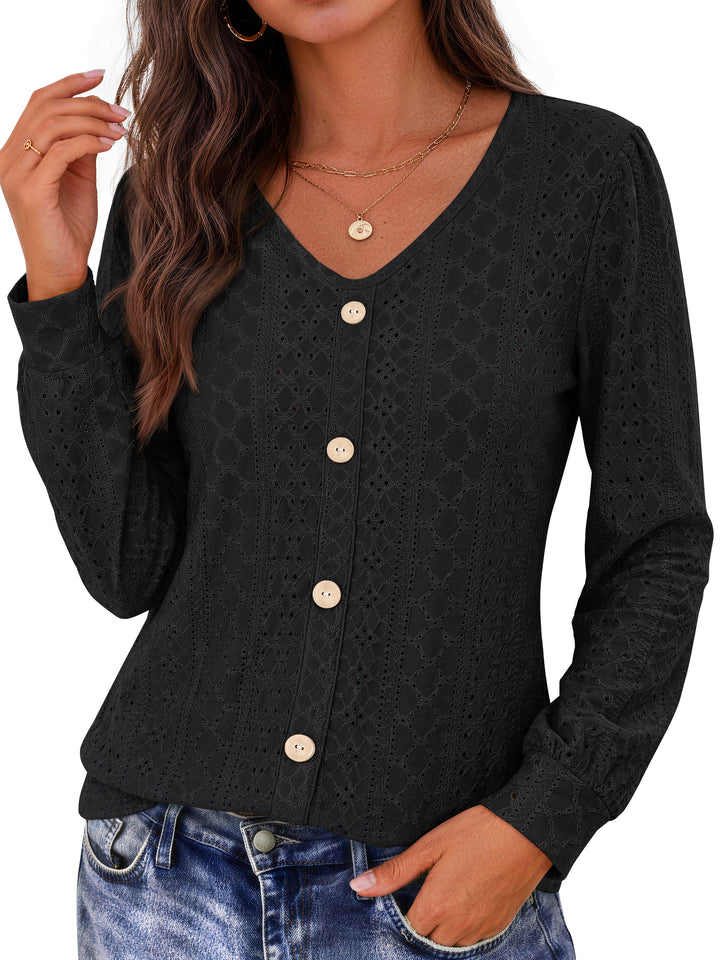 Fantaslook Tops for Women V Neck Long Sleeve Blouses Eyelet Casual Fall Shirts Trendy