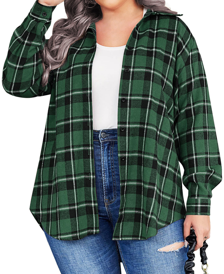 Fantaslook Plus Size Button Down Shirts for Women Long Sleeve Plaid Flannel Shirt Casual Boyfriend Tops