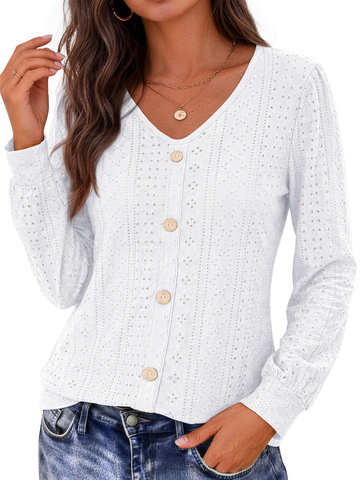 Fantaslook Tops for Women V Neck Long Sleeve Blouses Eyelet Casual Fall Shirts Trendy