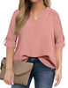 WellSize 3/4 Roll Sleeve Work Shirts for Women Plus Size Tunic Tops Flowy V Neck Button Down Blouses with Pockets