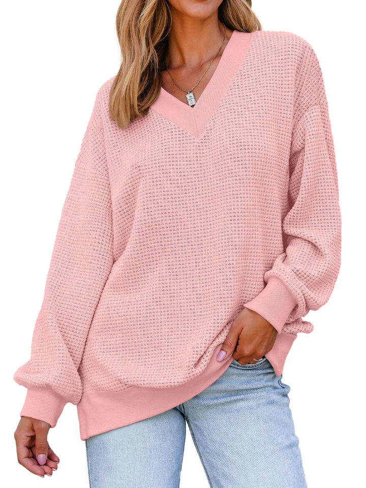 Fantaslook Waffle Knit Womens Sweatshirts Long Sleeve V Neck Shirt Loose Fall Outfits Pullover Casual Tops