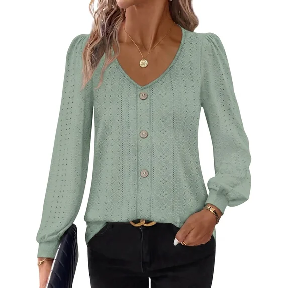 Fantaslook Tops for Women V Neck Long Sleeve Blouses Eyelet Casual Fall Shirts Trendy