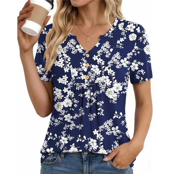 Fantaslook Womens Tunic Tops Casual Short Sleeve Shirts V Neck Button Pleated Blouses Floral Summer Tops