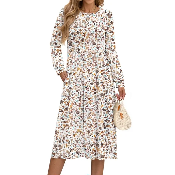 Fantaslook Long Sleeve Midi Dresses for Women Casual Floral Dress Flowy Fall Dresses with Pockets
