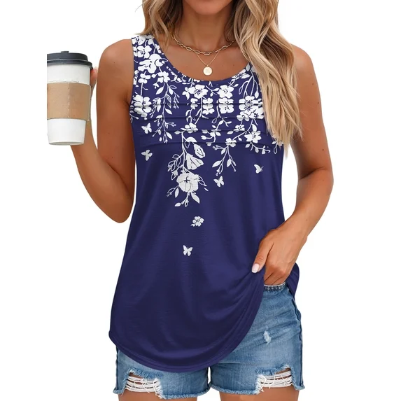 Fantaslook Pleated Tank Tops for Women Dressy Casual Sleeveless Blouses Floral Summer Tops