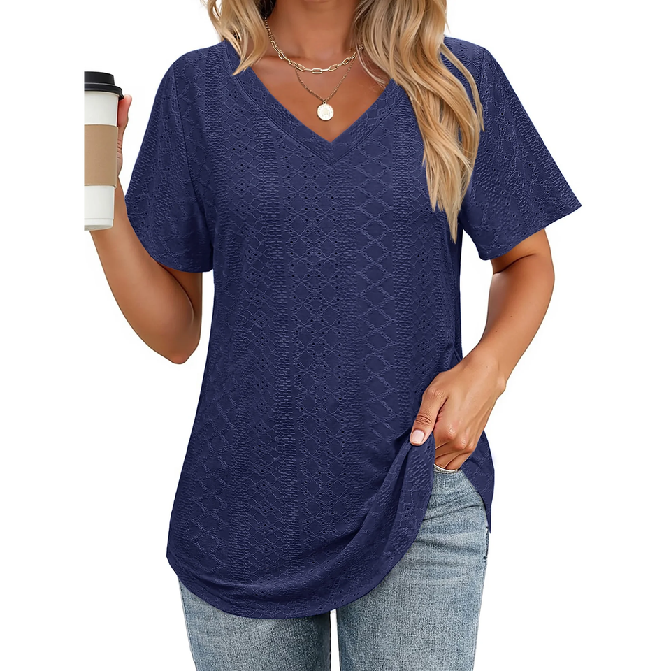 Fantaslook Eyelet Womens Tops Short Sleeve Dressey Casual Blouses V Neck Work Shirts Summer Basic Tees