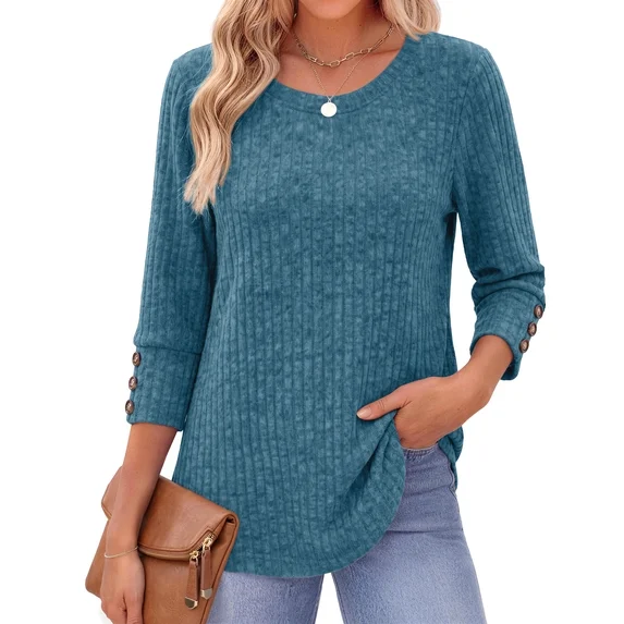 Fantaslook Womens 3/4 Sleeve Shirts with Buttons Dressy Casual Blouses Tunic Tops Fall Clothes