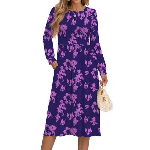 Fantaslook Long Sleeve Midi Dresses for Women Casual Floral Dress Flowy Fall Dresses with Pockets
