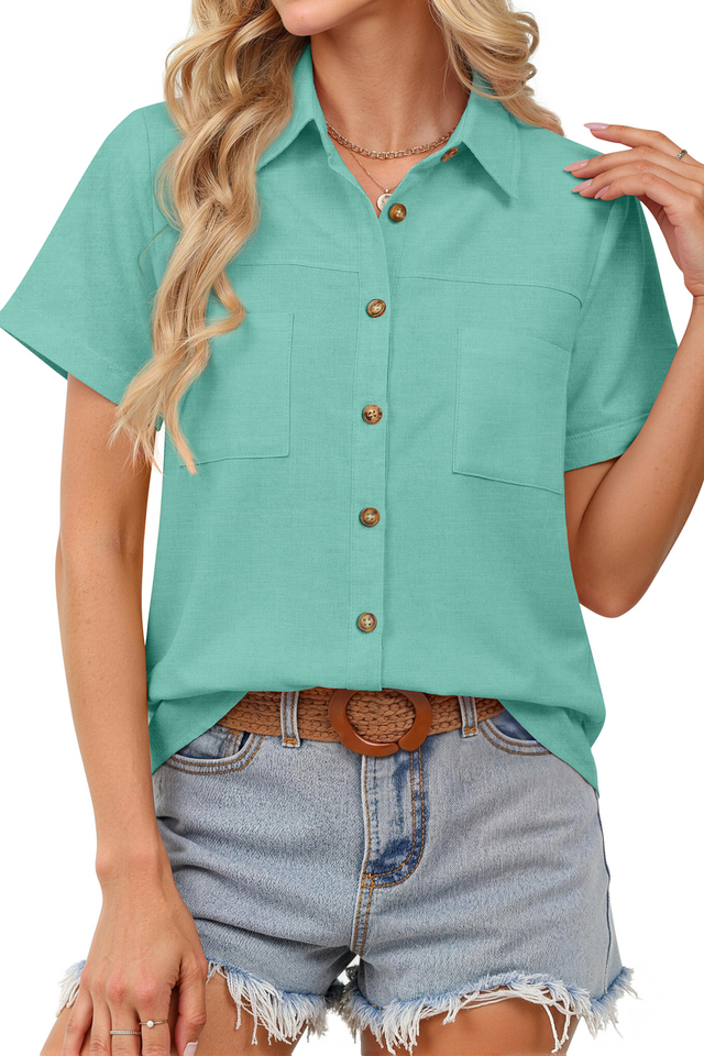 Fantaslook Womens Button Down Shirts Cotton Linen Short Sleeve Shirt Lapel Work Blouses Casual Summer Tops with Double Pockets