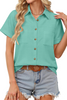Fantaslook Womens Button Down Shirts Cotton Linen Short Sleeve Shirt Lapel Work Blouses Casual Summer Tops with Double Pockets