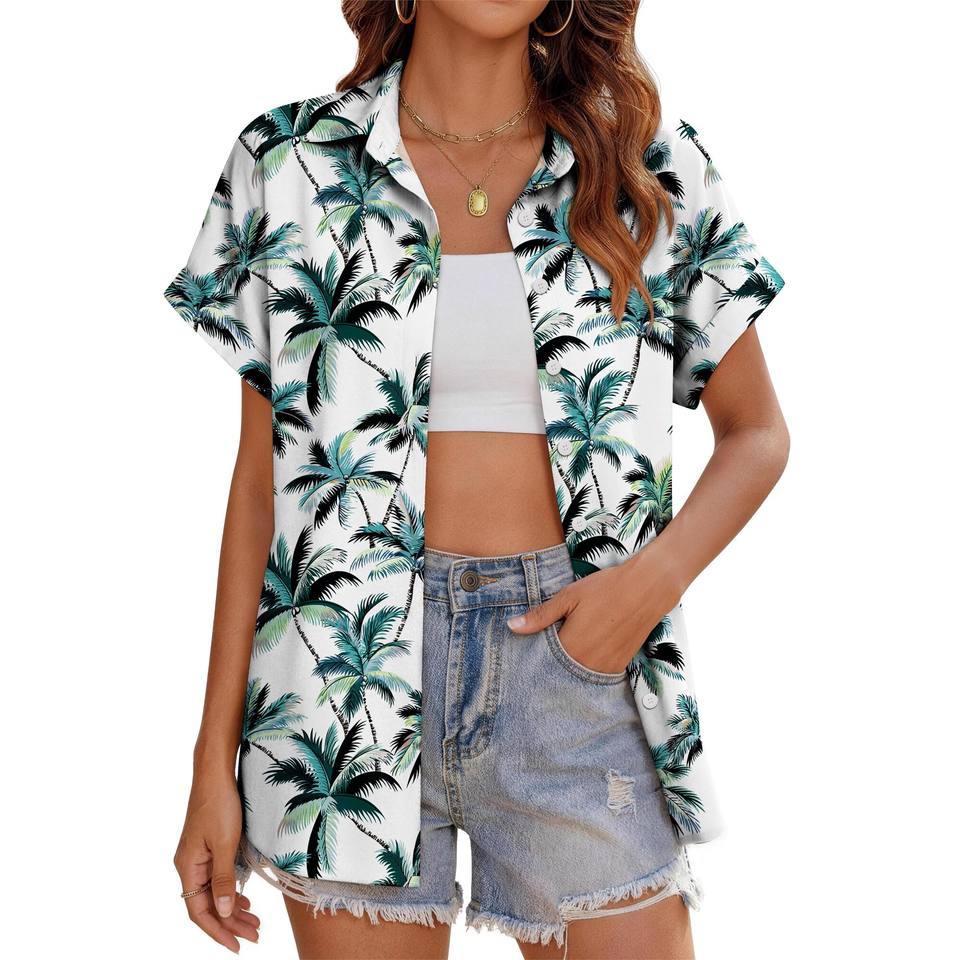 Fantaslook Hawaiian Button Down Shirts for Women Casual Short Sleeve Floral Print Blouses Summer Tops