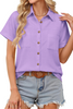 Fantaslook Womens Button Down Shirts Cotton Linen Short Sleeve Shirt Lapel Work Blouses Casual Summer Tops with Double Pockets