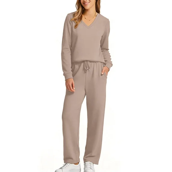 Fantaslook Two Piece Sets for Women Fall Outfits Long Sleeve Tops Wide Leg Pants Lounge Matching Sets Vacation Travel Outfits