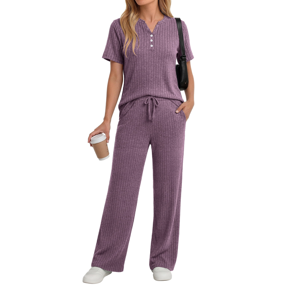 Fantaslook Two Piece Lounge Sets for Women Summer Outfits Henley V Neck Short Sleeve Tops Wide Leg Pants Matching Sets Trendy Clothes