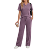 Fantaslook Two Piece Lounge Sets for Women Summer Outfits Henley V Neck Short Sleeve Tops Wide Leg Pants Matching Sets Trendy Clothes