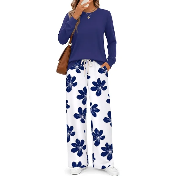 Fantaslook Long Sleeve Two Piece Sets for Women Wide Leg Pants Lounge Sets Fall Vacation Travel Outfits Fashion Boho Matching Sets
