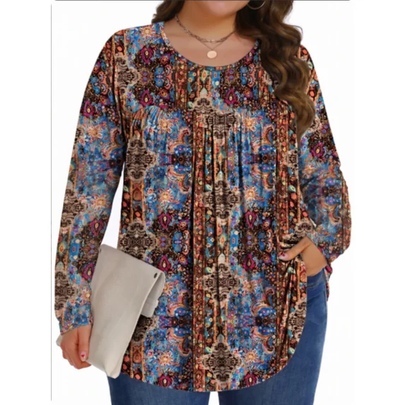Fantaslook Womens Plus Size Tops Fall Long Sleeve Shirts Crew Neck Casual Loose Tunic Blouses