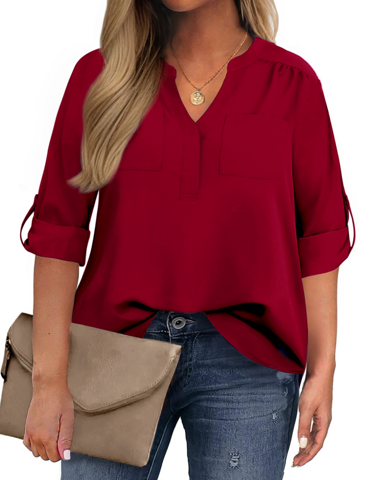 WellSize 3/4 Roll Sleeve Work Shirts for Women Plus Size Tunic Tops Flowy V Neck Button Down Blouses with Pockets