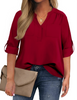 WellSize 3/4 Roll Sleeve Work Shirts for Women Plus Size Tunic Tops Flowy V Neck Button Down Blouses with Pockets