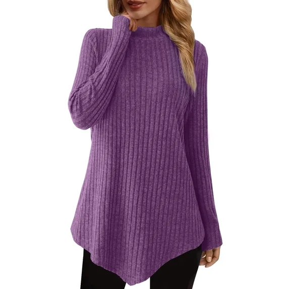 Fantaslook Mock Turtleneck Sweaters for Women Dressy Long Sleeve Pullover Fall Tunic Tops Asymmetrical Hem Soft Sweaters