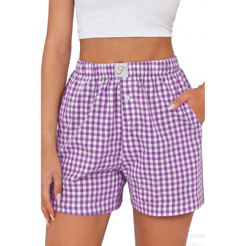 Fantaslook Plaid Shorts for Women Button Gingham Shorts Summer Lounge Boxers Beach Shorts Pants with Pocket