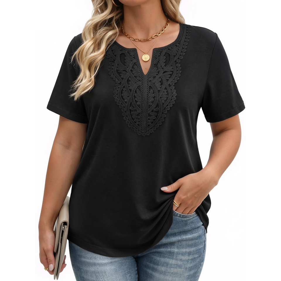 Fantaslook Lace Plus Size Tops for Women V Neck Short Sleeve Blouses Summer Tunic Shirts