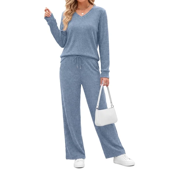 Fantaslook Two Piece Lounge Sets for Women Vacation Travel Fall Outfits V Neck Tops Wide Leg Pants Matching Sets Women Clothing