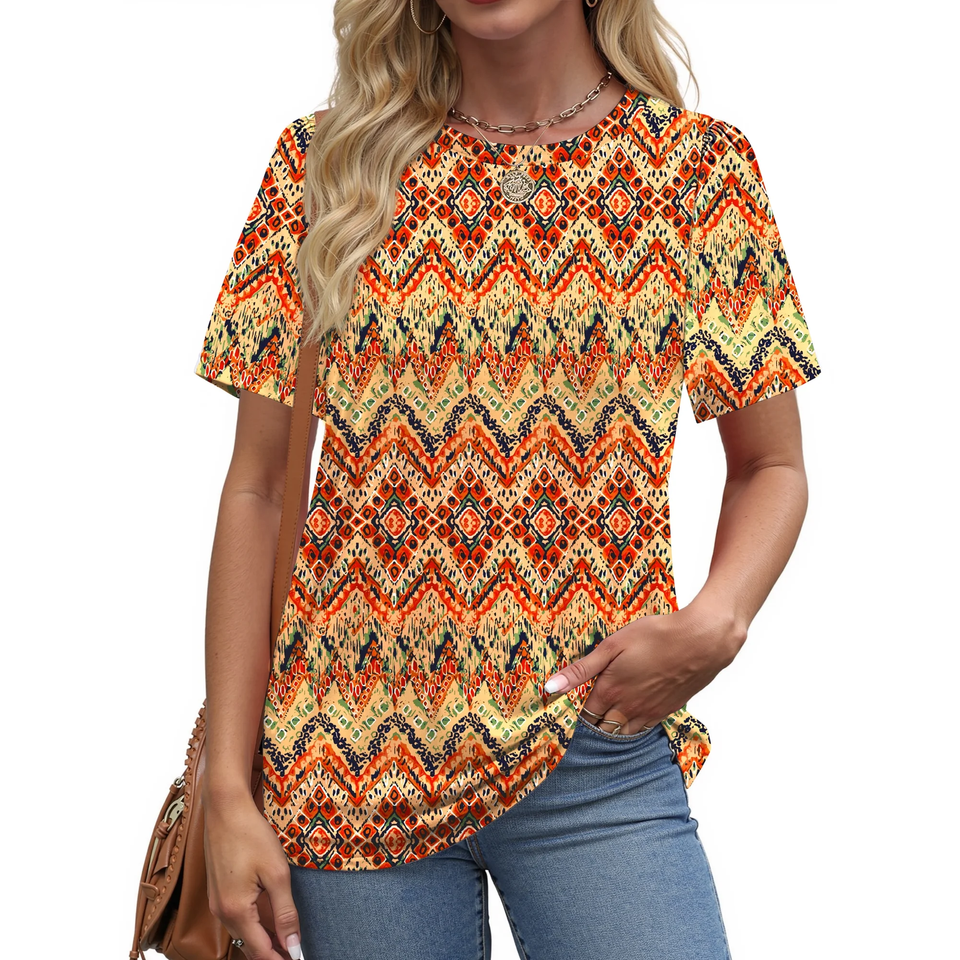 Fantaslook Womens Summer Tops Dressy Casual Short Sleeve Shirts Crew Neck Tunic Floral Blouses