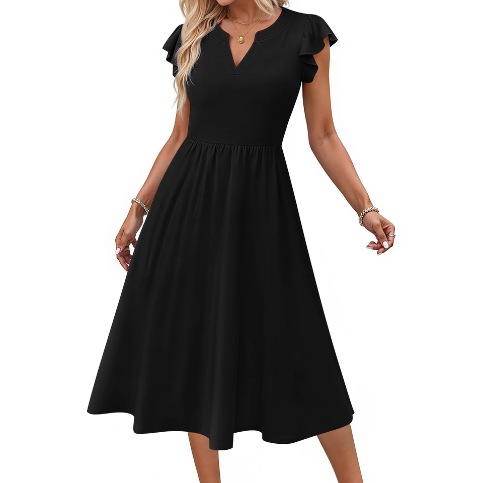 Fantaslook Summer Dresses for Women Ruffle Sleeve V Neck Midi Dresses Fashion Casual Flowy Vacation Sundress