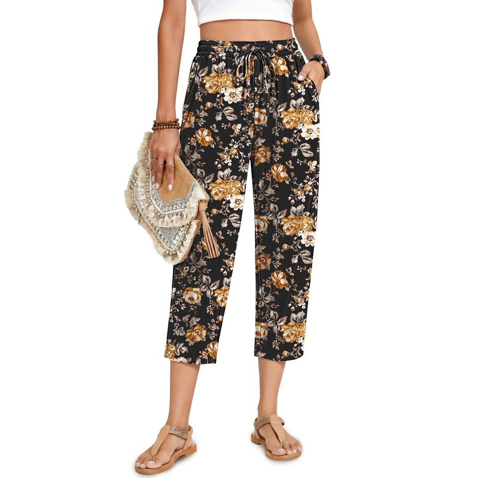 Fantaslook Womens Capri Pants Drawstring Casual Palazzo Trousers with Pockets Loose Floral Lounge Pants Pajama Bottoms