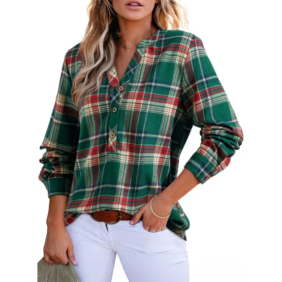 Fantaslook Womens Plaid Shirts Flannel Button Down Shirts Business Casual Long Sleeve Tops Dressy V Neck Blouses