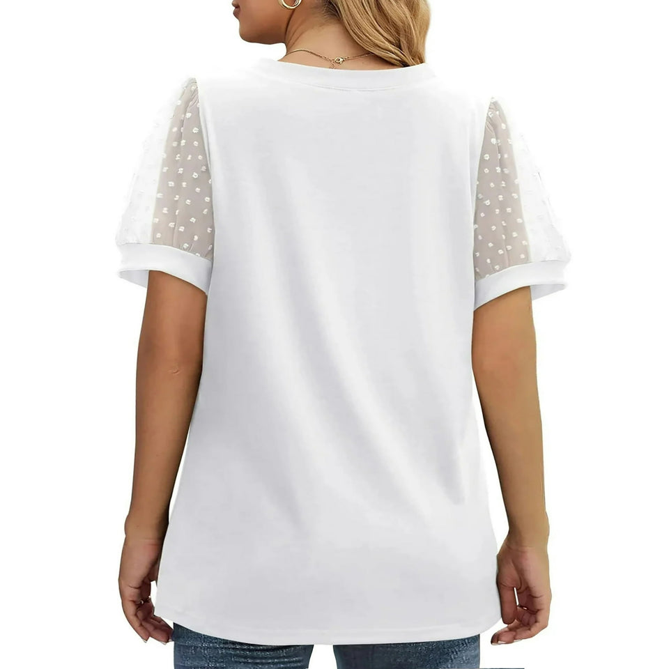 MOSHU Summer Womens Tops Dressy V Neck Blouses for Women Swiss Dot Puff Sleeve Shirts