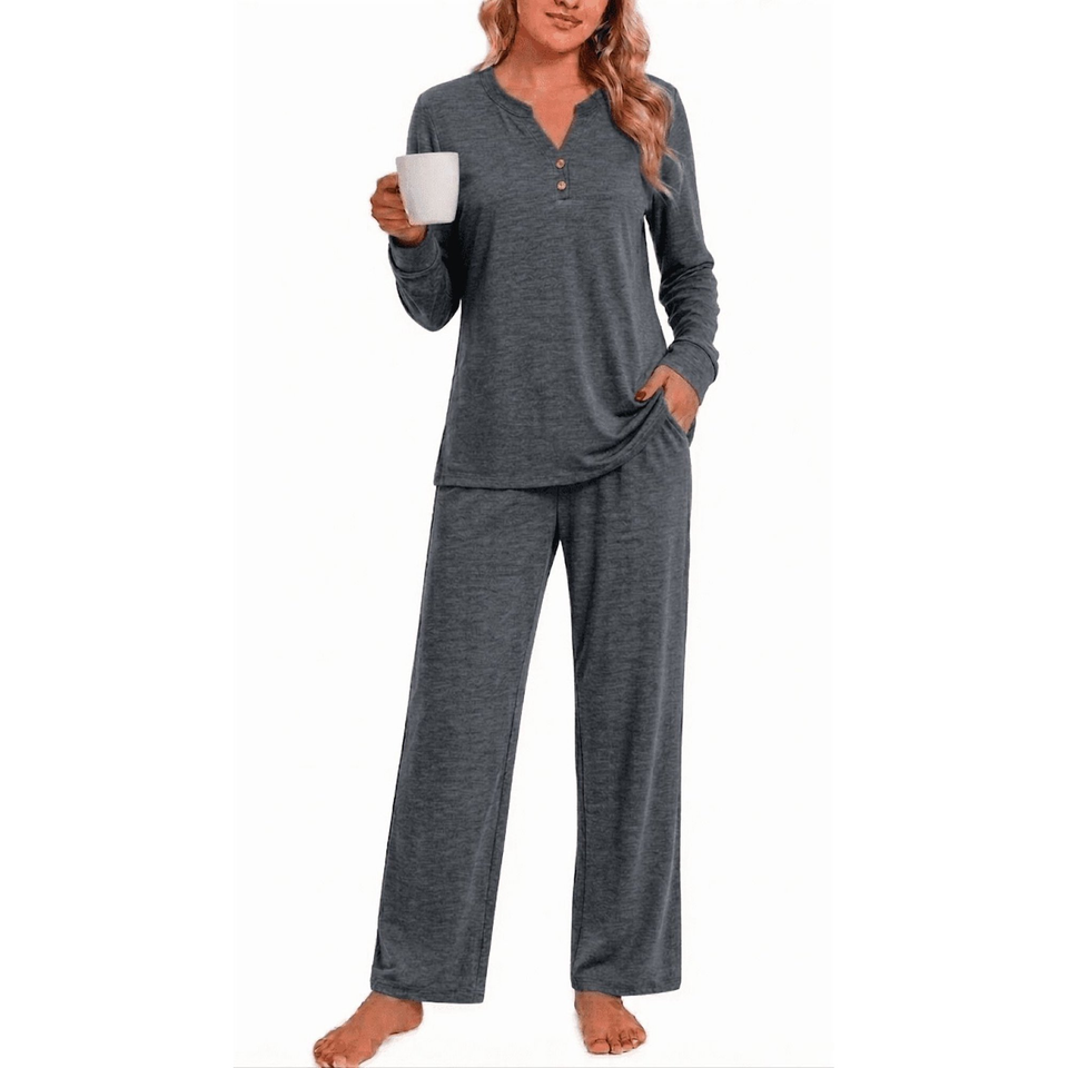 Fantaslook Women Pajamas Sets Long Sleeve V Neck Buttons Outfits and Casual Wide Leg Pants Lounge 2 Piece Sets withe Pockets