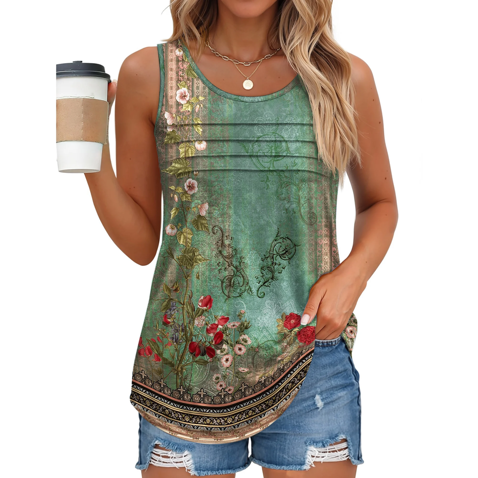 Fantaslook Pleated Tank Tops for Women Dressy Casual Sleeveless Blouses Floral Summer Tops