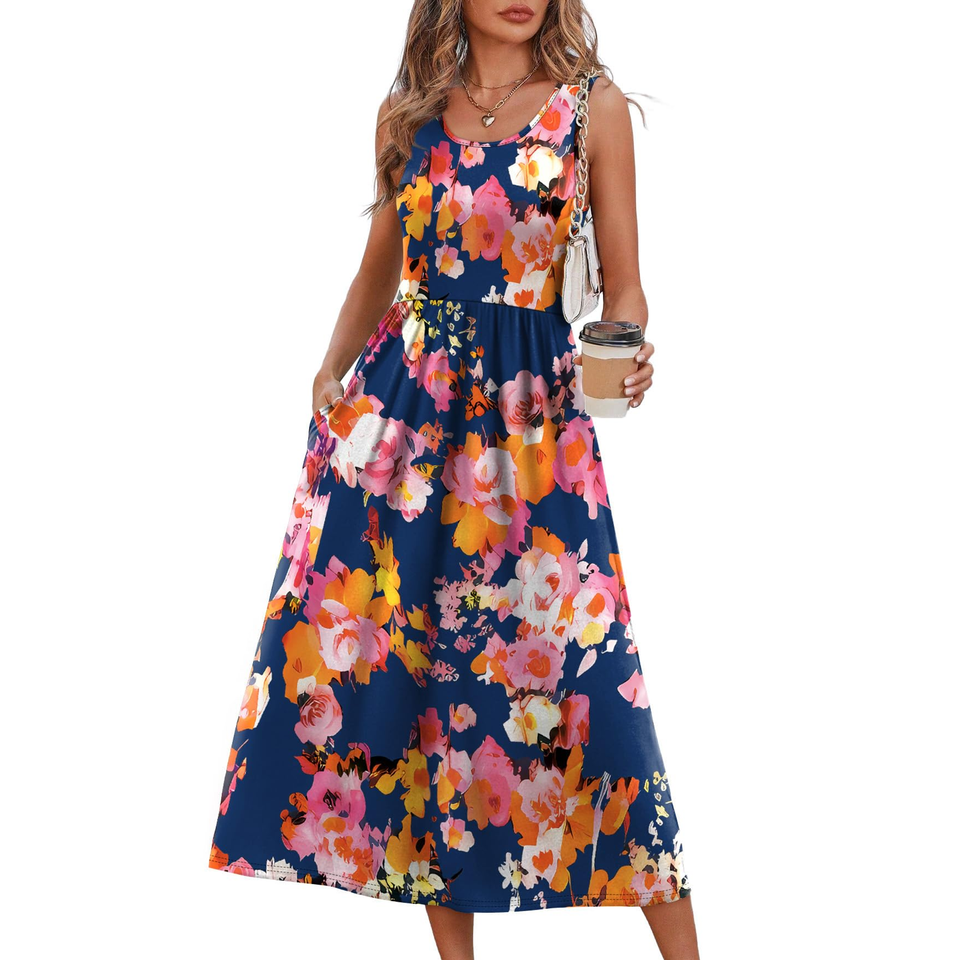 Fantaslook Summer Dresses for Women Sleeveless Casual Long Dress Beach Vacation Sundresses with Pockets
