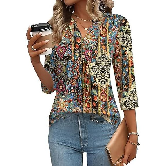 Fantaslook 3/4 Sleeve Plus Size Tops for Women Henley V Neck Button Blouses Dressy Floral Tunic Work Shirts L-5XL