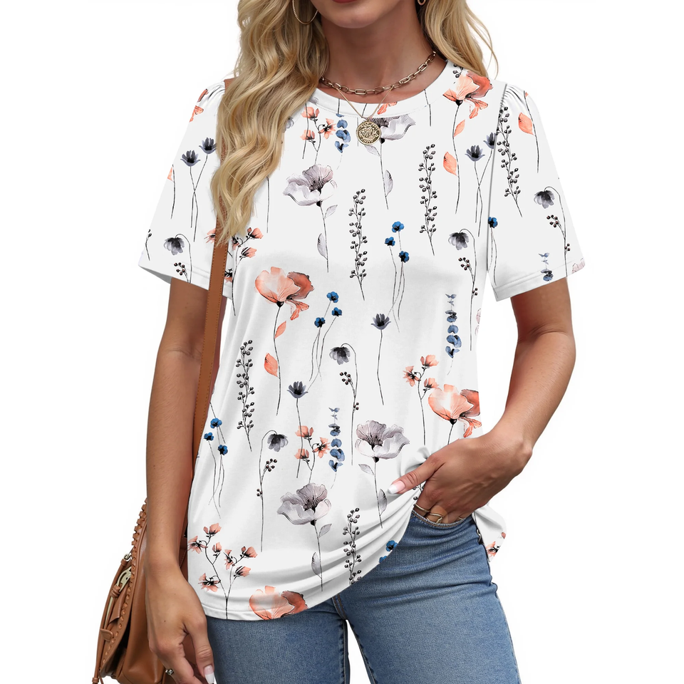 Fantaslook Womens Summer Tops Dressy Casual Short Sleeve Shirts Crew Neck Tunic Floral Blouses
