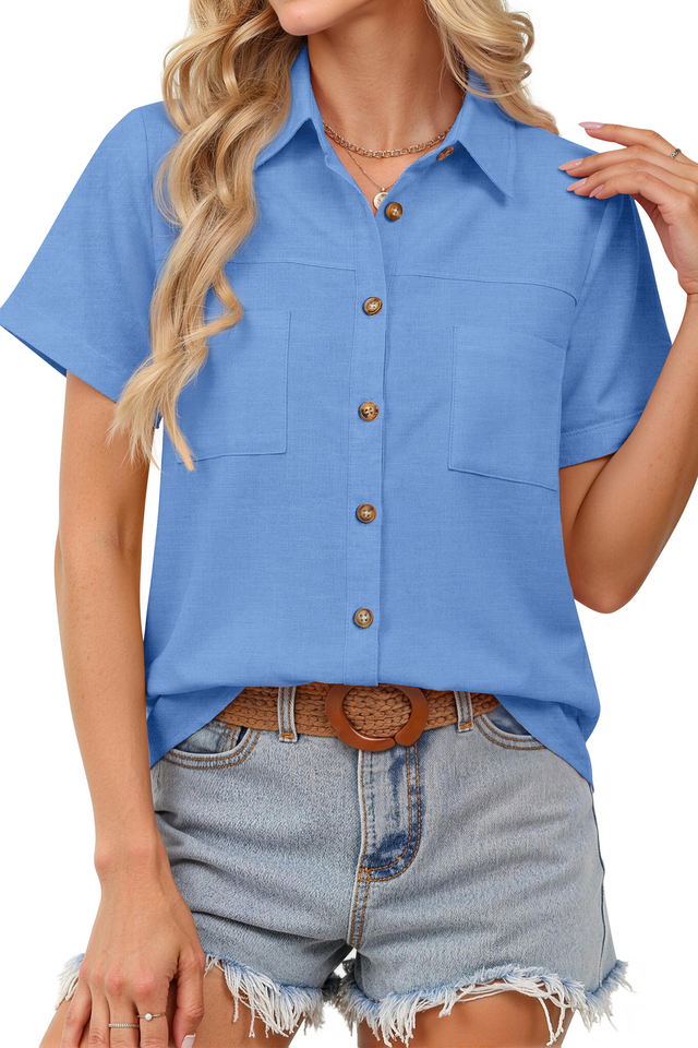 Fantaslook Womens Button Down Shirts Cotton Linen Short Sleeve Shirt Lapel Work Blouses Casual Summer Tops with Double Pockets