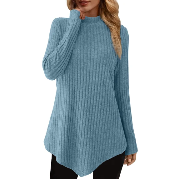 Fantaslook Mock Turtleneck Sweaters for Women Dressy Long Sleeve Pullover Fall Tunic Tops Asymmetrical Hem Soft Sweaters